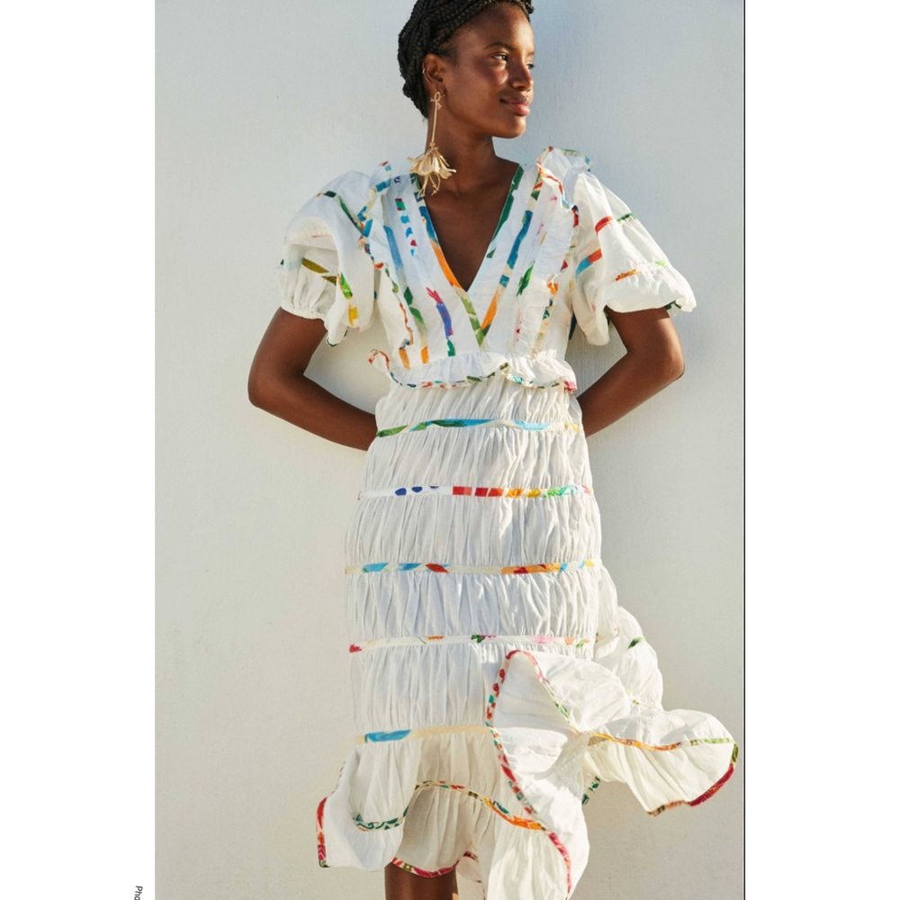 White Multi-Color Trim V-Neck Tiered Midi Dress